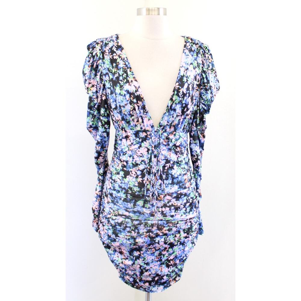 AFRM Macey Floral Bodycon Ruched Puff Sleeve Mini Dress Size M Plunge V Neck